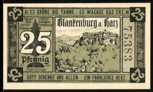 Notgeld Blankenburg a. Harz 1920, 25 Pfennig, Schloss-Ansicht und Firmenliste