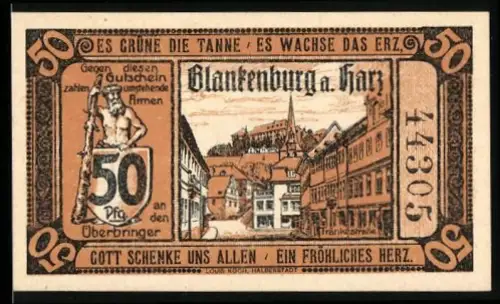 Notgeld Blankenburg a. Harz 1920, 50 Pfennig, Ortsansicht mit Schloss und Fachwerkhäusern