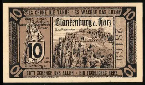 Notgeld Blankenburg a. Harz 1921, 10 Pfennig, Burg Regenstein und Krieger mit Speer