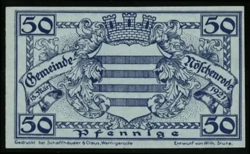 Notgeld Nöschenrode 1921, 50 Pfennig, Ortsansicht mit Burg und Wappen