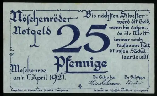 Notgeld Nöschenrode 1921, 25 Pfennig, Bauernidyll mit Kühen und Bauern unter Baum, Wappen