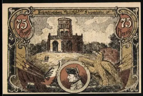 Notgeld Hohenfriedeberg, 75 Pfennig, Siegeshöhe und Musiknoten-Motiv