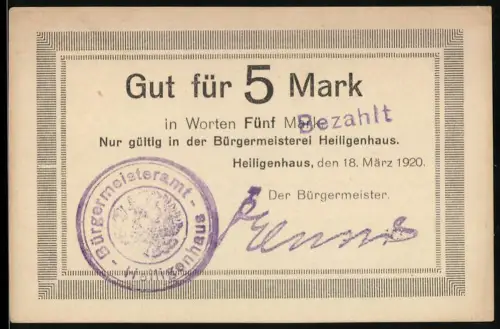 Notgeld Heiligenhaus 1920, 5 Mark, Text und Stempel der Bürgermeisterei Heiligenhaus