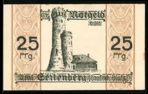 Notgeld Seitenberg /Grafsch. Glatz 1920, 25 Pf, Turm und Gebäudeillustration