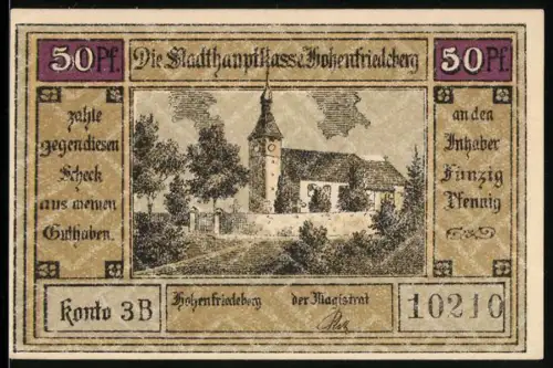 Notgeld Hohenfriedeberg, 50 Pf, Kirche und Schlacht von Hohenfriedeberg 1745
