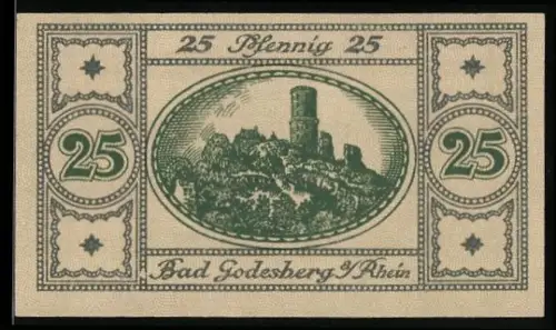 Notgeld Bad Godesberg a. Rhein 1920, 25 Pfennig, Burgruine auf Hügel