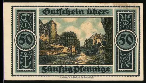 Notgeld Hannover 1921, 50 Pfennig, Flussansicht mit historischen Gebäuden