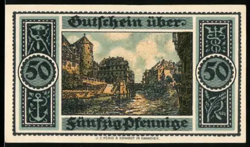 Notgeld Hannover 1921, 50 Pfennig, Ortsansicht mit Gebäuden und Wasserweg