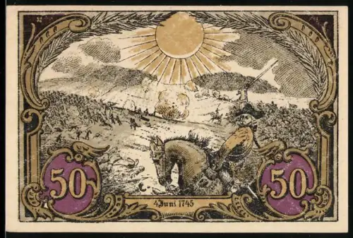 Notgeld Hohenfriedeberg, 50 Pfennig, Schlachtmotiv mit Reiter und Kirche von Hohenfriedeberg