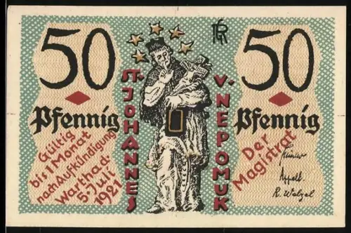 Notgeld Wartha 1921, 50 Pfennig, St. Johannes v. Nepomuk und Mutter Maria mit Jesuskind