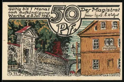 Notgeld Wartha 1921, 50 Pf, Mutter Maria und Gebäude mit Kapelle und Laterne