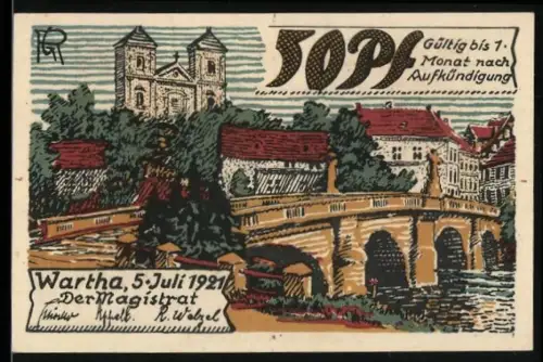 Notgeld Wartha 1921, 50 Pf, Brücke und Kirche, Mutter Maria mit Kind