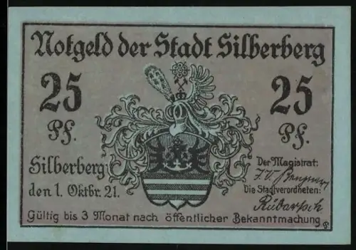 Notgeld Silberberg 1921, 25 Pf, Wappen und Reuterzelle in Festung Silberberg