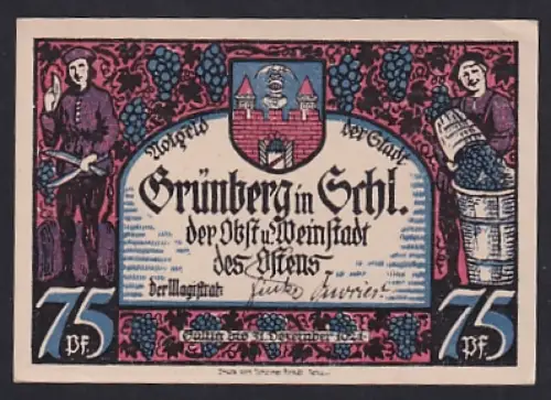 Notgeld Grünberg i. Schl., 75 Pf, Weinstadt-Motiv mit Weinlese und geselligem Beisammensein unter Bäumen