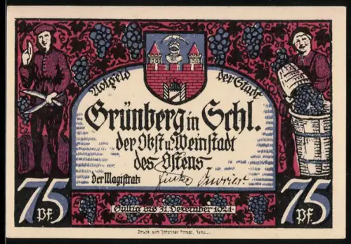 Notgeld Grünberg i. Schl., 75 Pf, Weinlese und feiernde Gruppe bei Mondschein