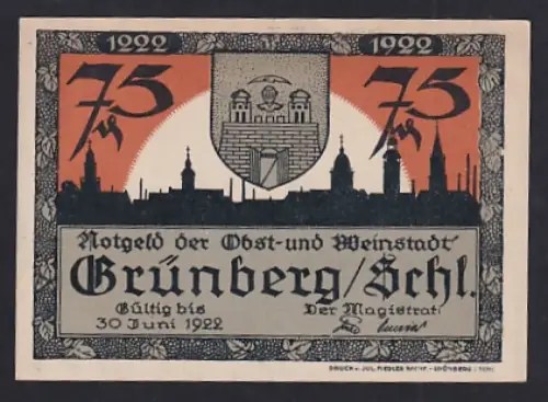 Notgeld Grünberg /Schl. 1922, 75 Pfennig, Stadtsilhouette und Bacchus-Motiv mit Ortsansicht von 1659
