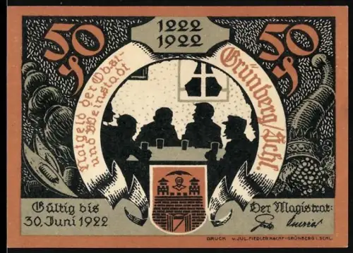 Notgeld Grünberg i. Schles. 1922, 50 Pfennig, Stammtischrunde und Danktanz zur Pestrettung
