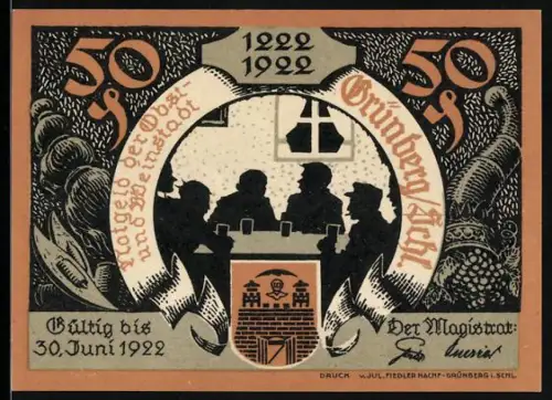 Notgeld Grünberg i. Schl. 1922, 50 Pfennig, Stadtsilhouette mit Personen, Friedrich der Grosse in Kutsche