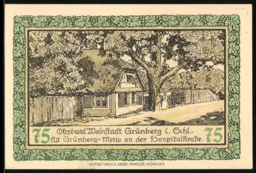 Notgeld Grünberg i. Schl. 1921, 75 Pfennig, Motiv an der Hospitalstrasse, Wappen und Figuren