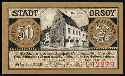Notgeld Orsoy 1921, 50 Pfennig, Rathaus und Flusslandschaft mit Dampfer