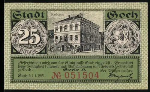 Notgeld Goch 1921, 25 Pfennig, Rathaus und Steintor mit Haus zu den Fünf Ringen