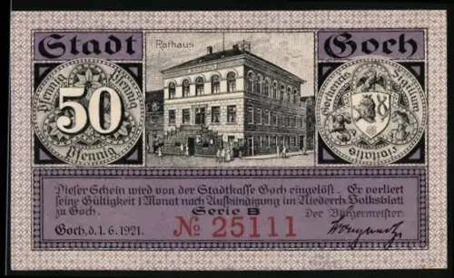Notgeld Goch 1921, 50 Pfennig, Rathaus und Steintor mit Haus Zu den Fünf Ringen
