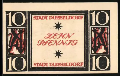 Notgeld Düsseldorf 1920, 10 Pfennig, stilisierte Sterne und Schriftzüge