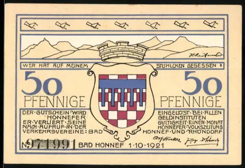 Notgeld Bad Honnef 1921, 50 Pfennig, Landschaft und Wappen