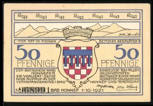 Notgeld Bad Honnef 1921, 50 Pfennig, Blick auf Rhöndorf und Strandbad Drachenfels