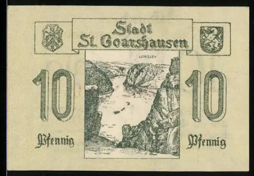 Notgeld St. Goarshausen, 10 Pfennig, Loreley-Motiv mit zwei Wappen