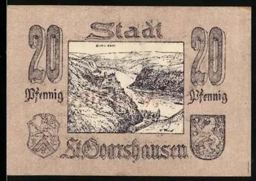 Notgeld St. Goarshausen, 20 Pfennig, Burg Katz und Flusslandschaft, Wappenabbildungen