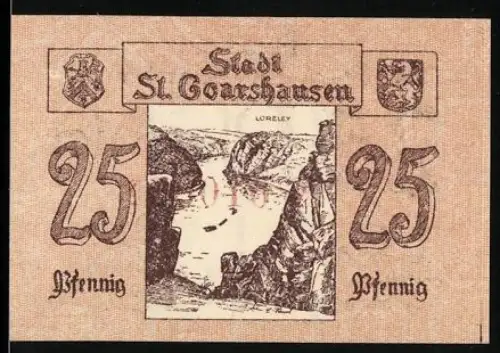 Notgeld St. Goarshausen, 25 Pfennig, Loreley-Motiv mit Wappen