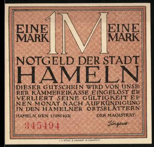 Notgeld Hameln 1921, 1 Mark, Den Siebenlingen Denkstein