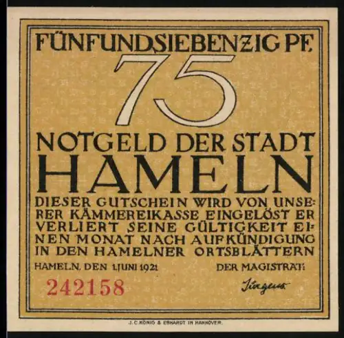 Notgeld Hameln 1921, 75 Pf, Darstellung von Siebenlingen und Text