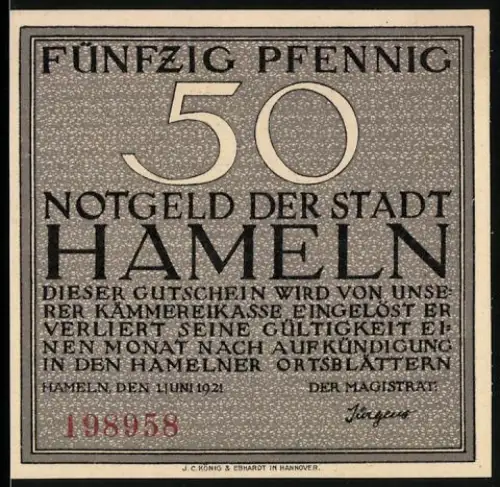 Notgeld Hameln 1921, 50 Pfennig, Siebenlinge-Denkstein und historische Inschrift