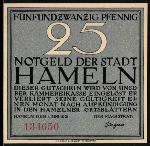 Notgeld Hameln 1921, 25 Pfennig, Szene mit Siebenlingen und Textpassage