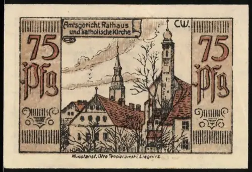 Notgeld Strehlen i. Schlesien 1921, 75 Pfennig, Amtsgericht, Rathaus und katholische Kirche, Wappen