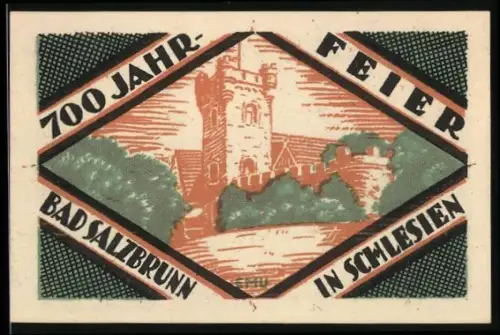 Notgeld Bad Salzbrunn 1921, 50 Pf, 700-Jahr-Feier, Burgturm und Stadtwappen