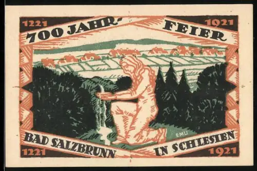 Notgeld Bad Salzbrunn 1921, 50 Pf, 700-Jahr-Feier, kniender Mann an Quelle und Wappen mit Tor und Jahr 1853