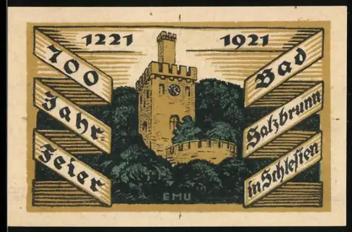 Notgeld Bad Salzbrunn 1921, 50 Pf, Turm mit Wald und Jubiläumsbannern