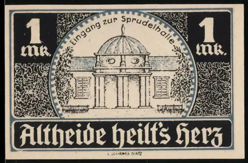Notgeld Altheide, 1 Mark, Eingang zur Sprudelhalle