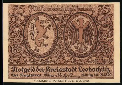 Notgeld Leobschütz 1922, 75 Pfennig, Löwe, Adler und Trachtenfiguren vor Ortsansicht