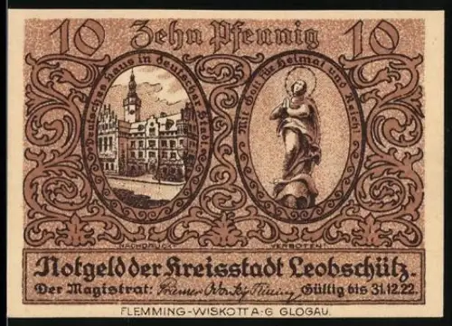 Notgeld Leobschütz 1922, 10 Pfennig, Ortsansicht und Statue, Adler und Ortsansicht im Hintergrund