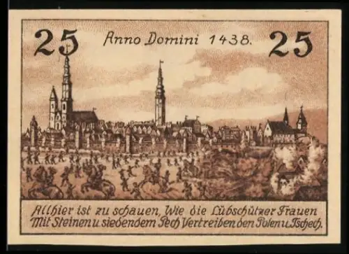 Notgeld Leobschütz 1922, 25 Pfennig, Ortsansicht, historische Szene von 1438 mit Frauen, die Eindringlinge vertreiben