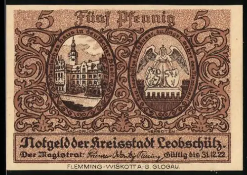 Notgeld Leobschütz 1922, 5 Pfennig, Ortsansicht und Engel mit Wappen, Landkarte auf Rückseite