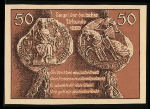Notgeld Leobschütz 1922, 50 Pfennig, Siegel und Ortsansicht mit Wappen und Engel