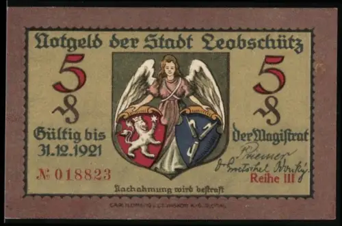 Notgeld Leobschütz 1921, 5 Pfennig, Wappen mit Engel, Ortsansicht von Osten