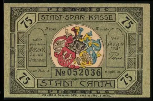 Notgeld Stadt Canth, 75 Pfennig, Wappen und Denkmal umgeben von Eichenlaub