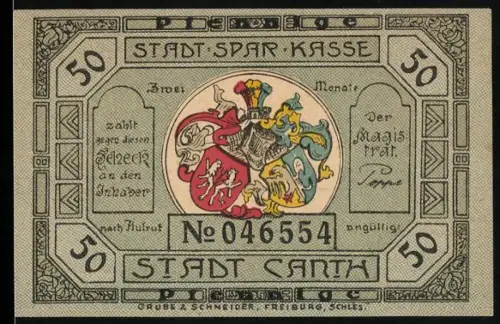 Notgeld Stadt Canth, 50 Pfennig, Wappen mit Löwen und Ritterhelm, Fürst Blücher von Wahlstatt im Portrait