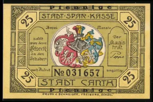 Notgeld Stadt Canth, 25 Pfennig, Ortsansicht mit Türmen und Wappen